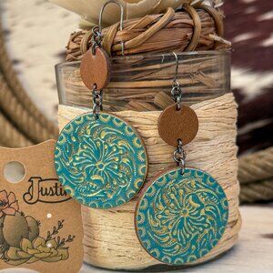 NEW *CLEARANCE* Justin Leather Western Earrings – Turquoise & Gold Paint